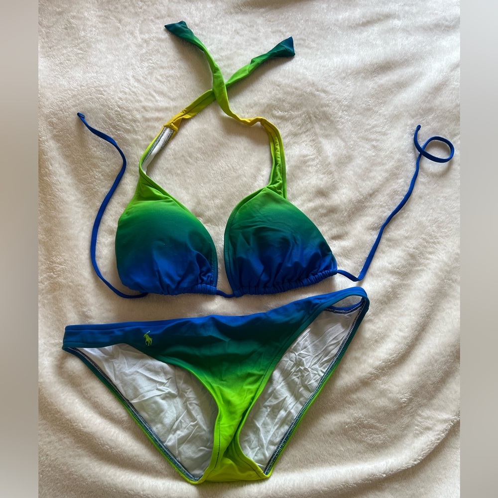 Ralph Lauren Padded Cup Two Piece Yellow and Blue Bikini Top and Bottom Set L